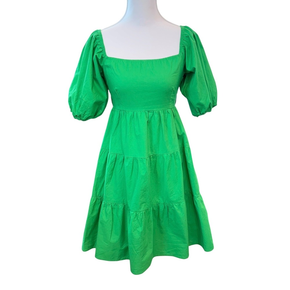 Sim & Sam Womens Tiered Puff Sleeve Mini Dress XS Green Bold Cottagecore Summer